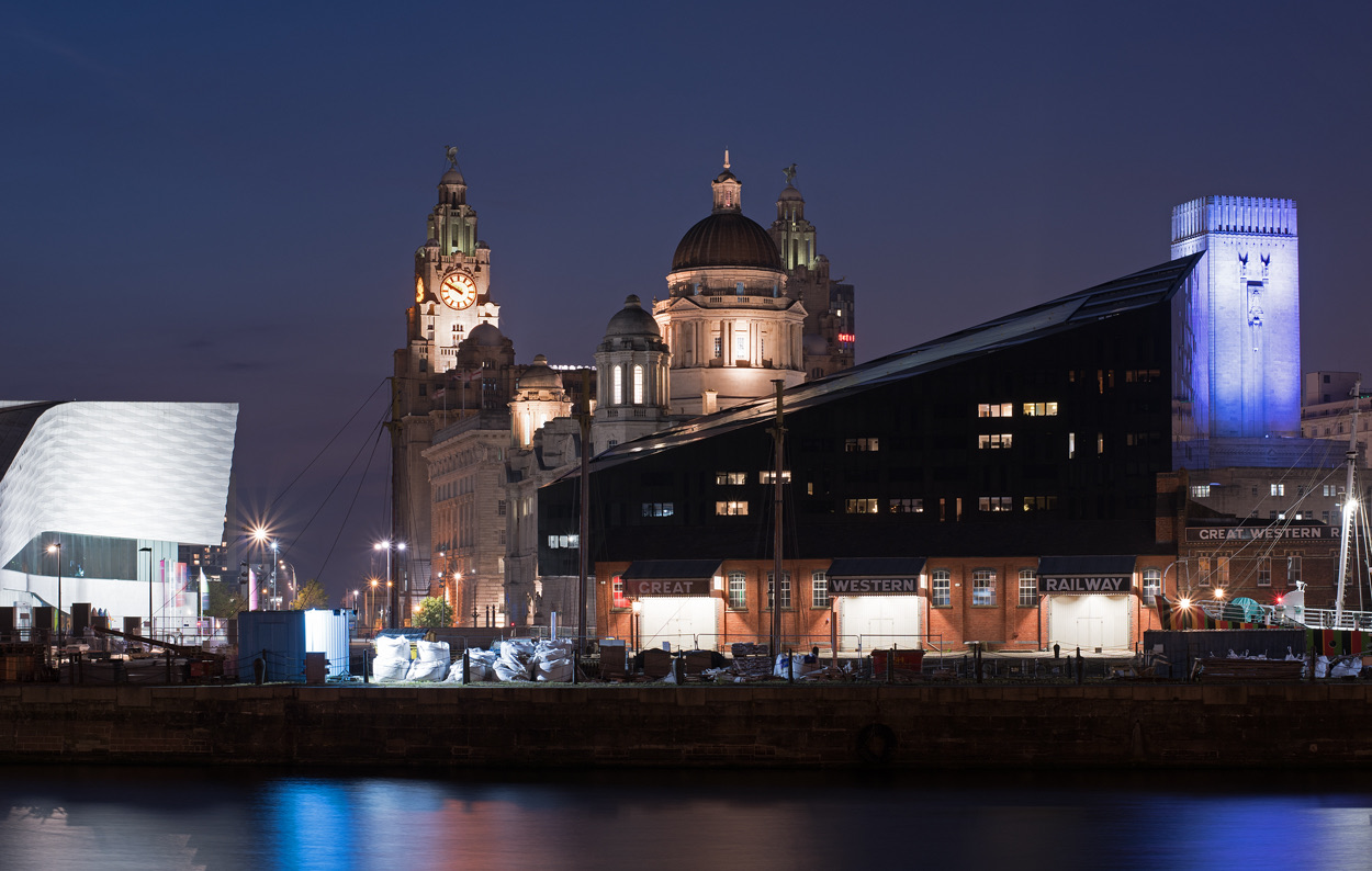Liverpool Pier Head and the Three Graces at the mouth of the Mersey